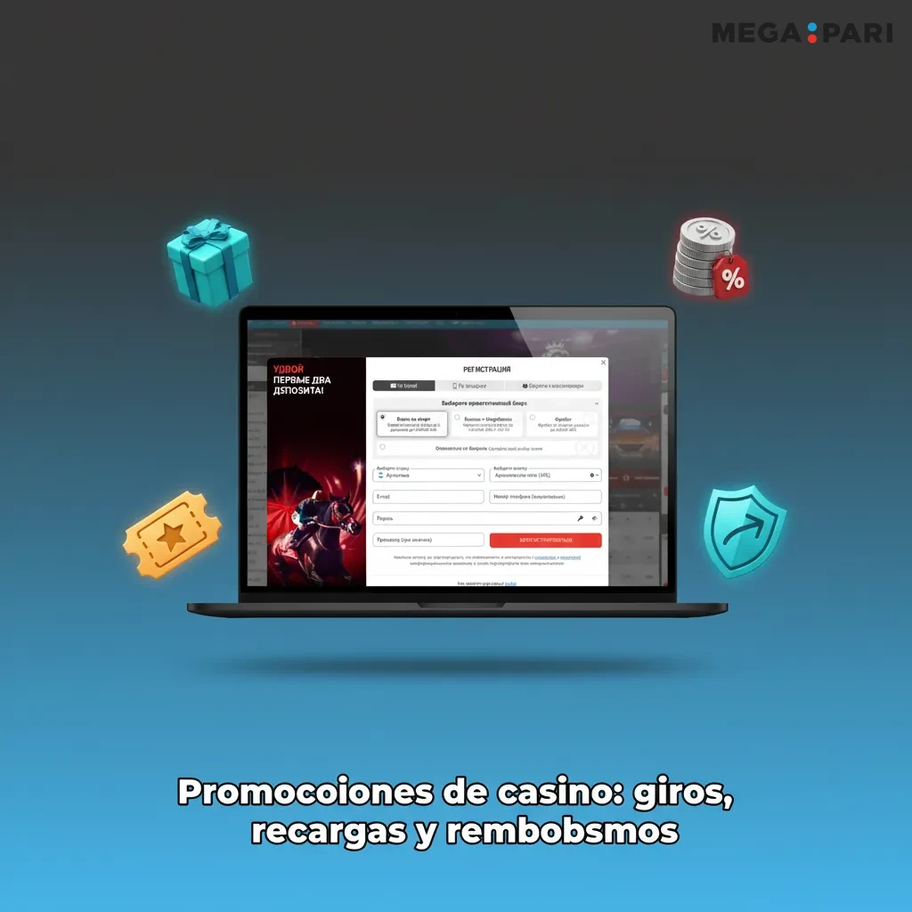 Banner promocional de casino: recarga 50% + 50 giros, reembolso 10%, torneos de slots y lunes de giros gratis