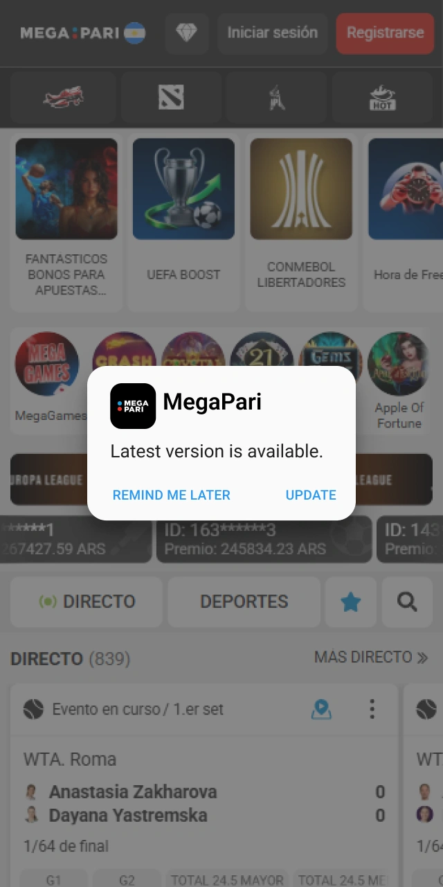 Aceptá el aviso de versión nueva para tu actualización en MegaPari App.