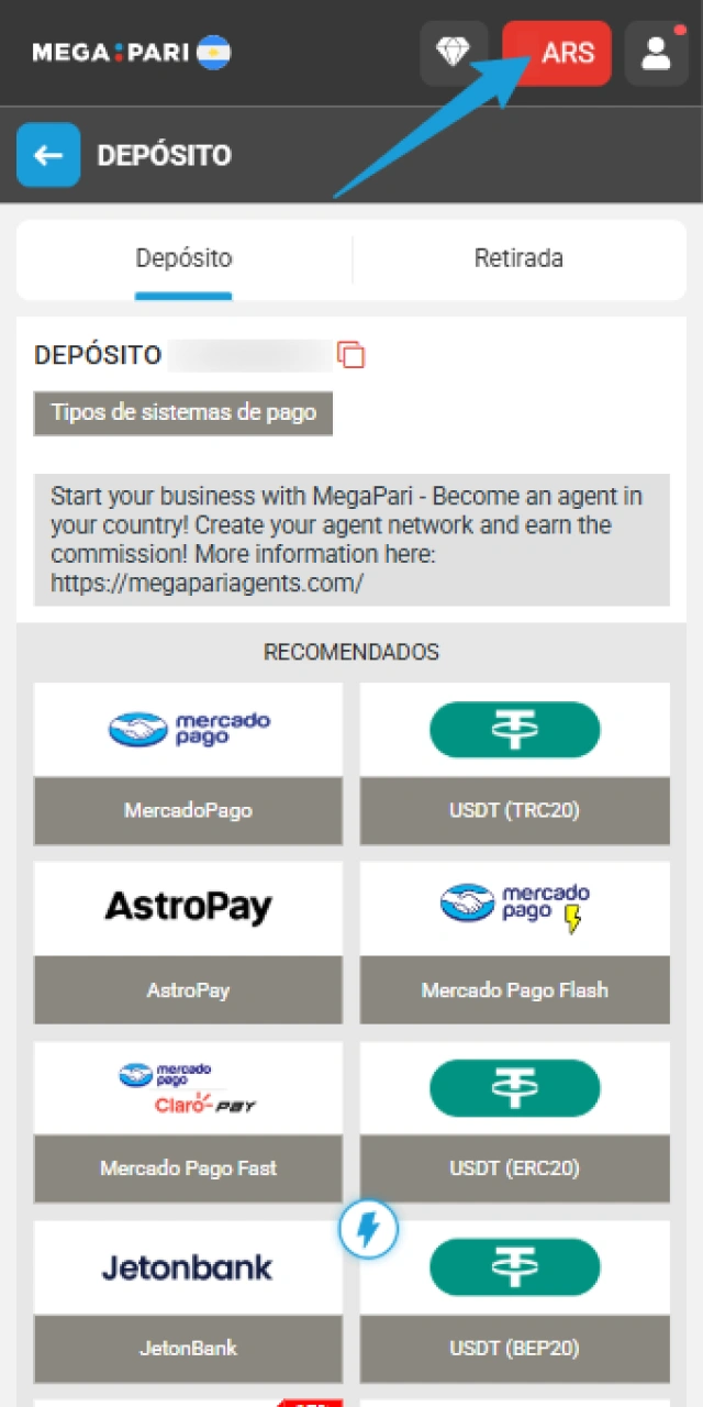 Entrá a la sección de Depósito en la MegaPari App oficial.