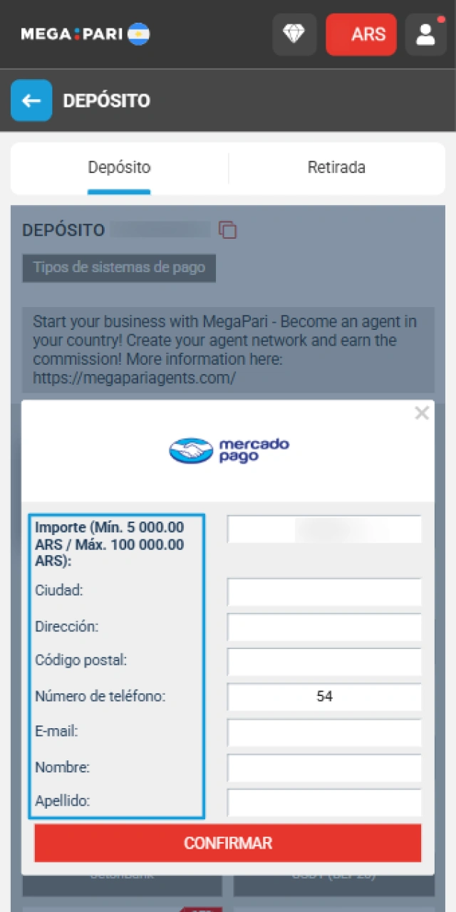 Ingresá los datos para el Depósito en la MegaPari App.