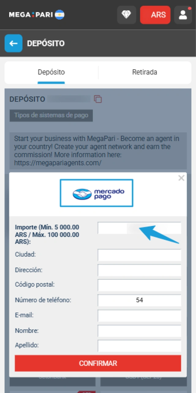 Seleccioná tu método de Depósito preferido en la MegaPari App.