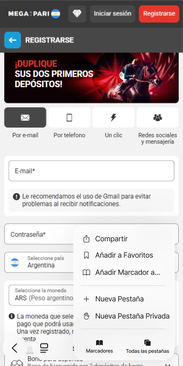 Presioná compartir en tu navegador iOS para configurar la MegaPari App.