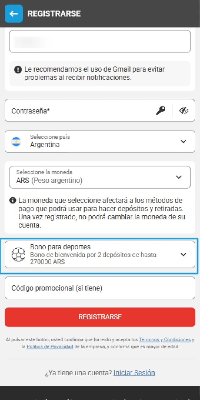 Elegí un bono especial durante el Registro en la MegaPari App.