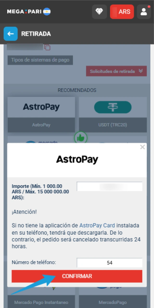 Confirmá tu solicitud de Retiro de dinero en la MegaPari App.