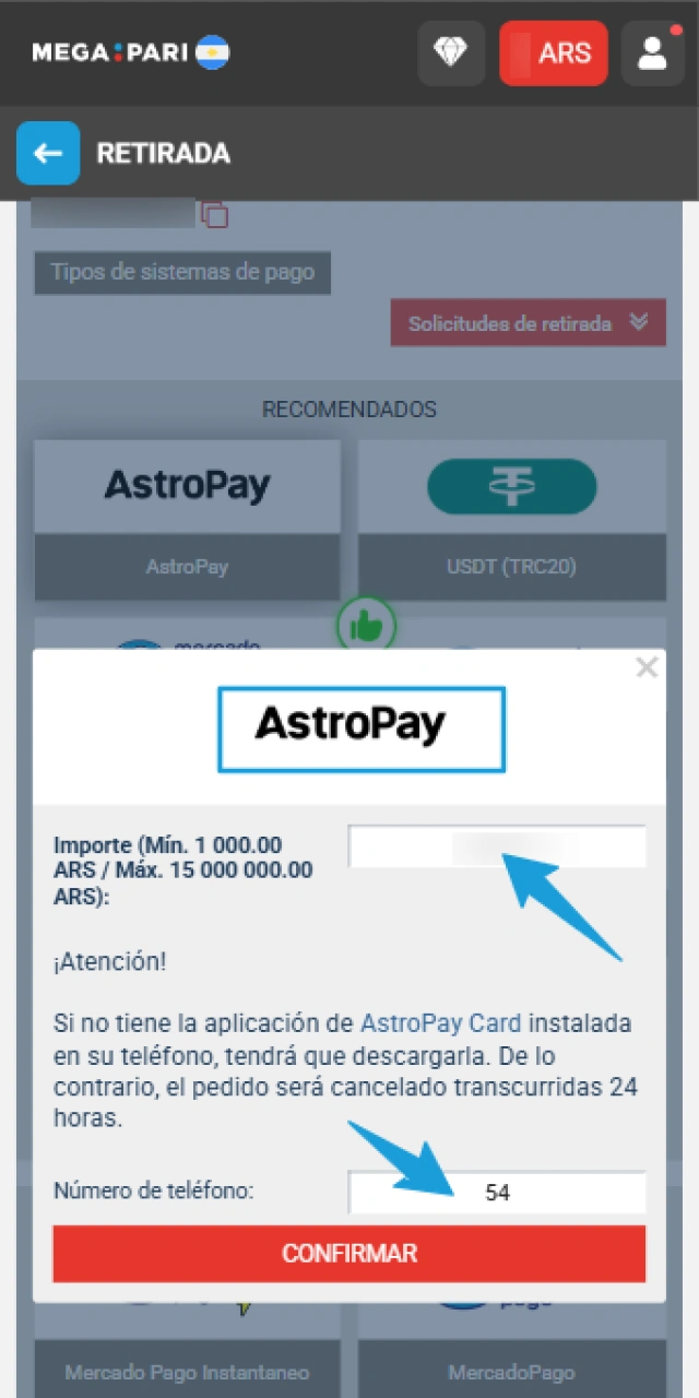 Seleccioná el monto y método para tu Retiro en MegaPari App.