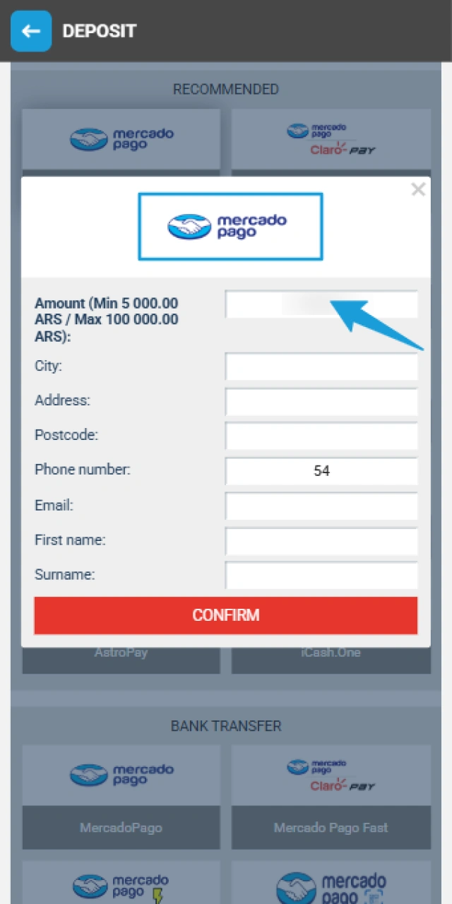 Select a local payment option like Mercado Pago and enter the amount in ARS you wish to deposit into MegaPari.