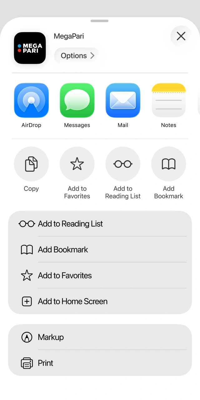 Select the option to add the MegaPari icon to your iOS home screen for instant access.