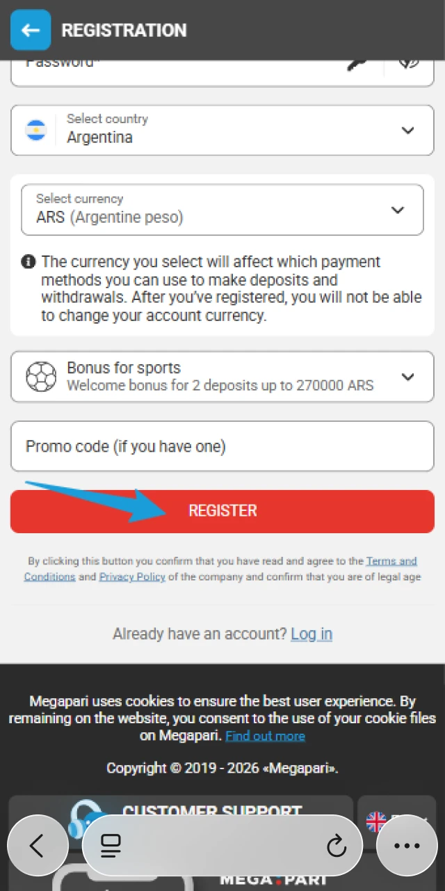 Create your MegaPari account to enjoy mobile betting and casino games on iOS.