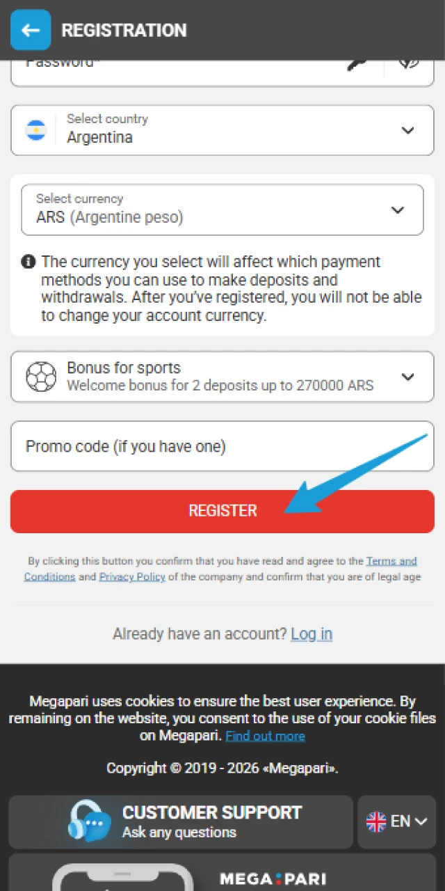 Complete the sign-up process to create your official MegaPari account through the mobile application.