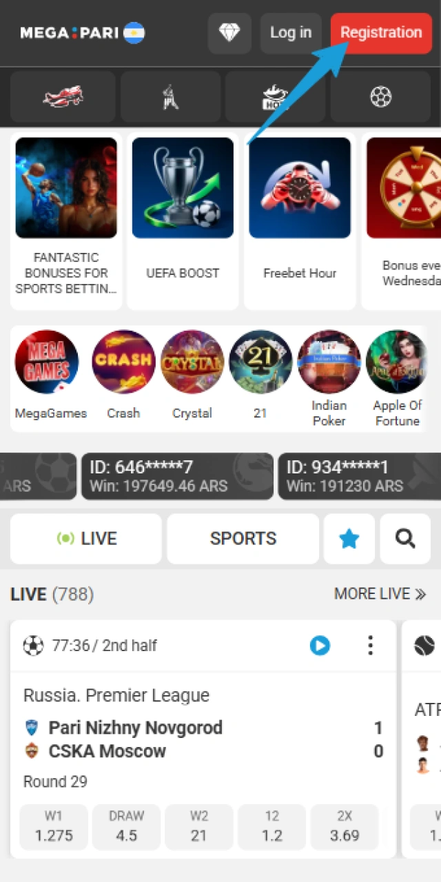 Launch the MegaPari mobile app on your Android or iOS device in Argentina.