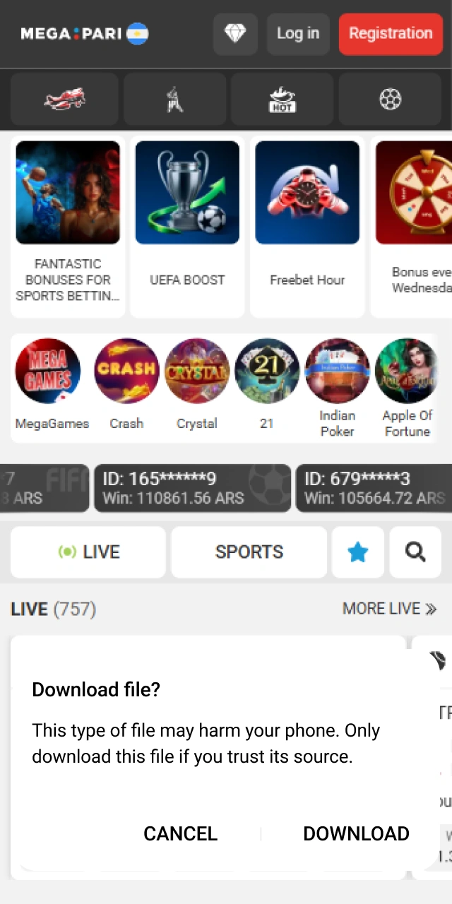 Allow the MegaPari App to download the latest APK file version directly to your smartphone.