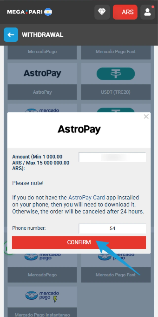 Confirm your withdrawal request and monitor its status directly through the MegaPari app transaction history.
