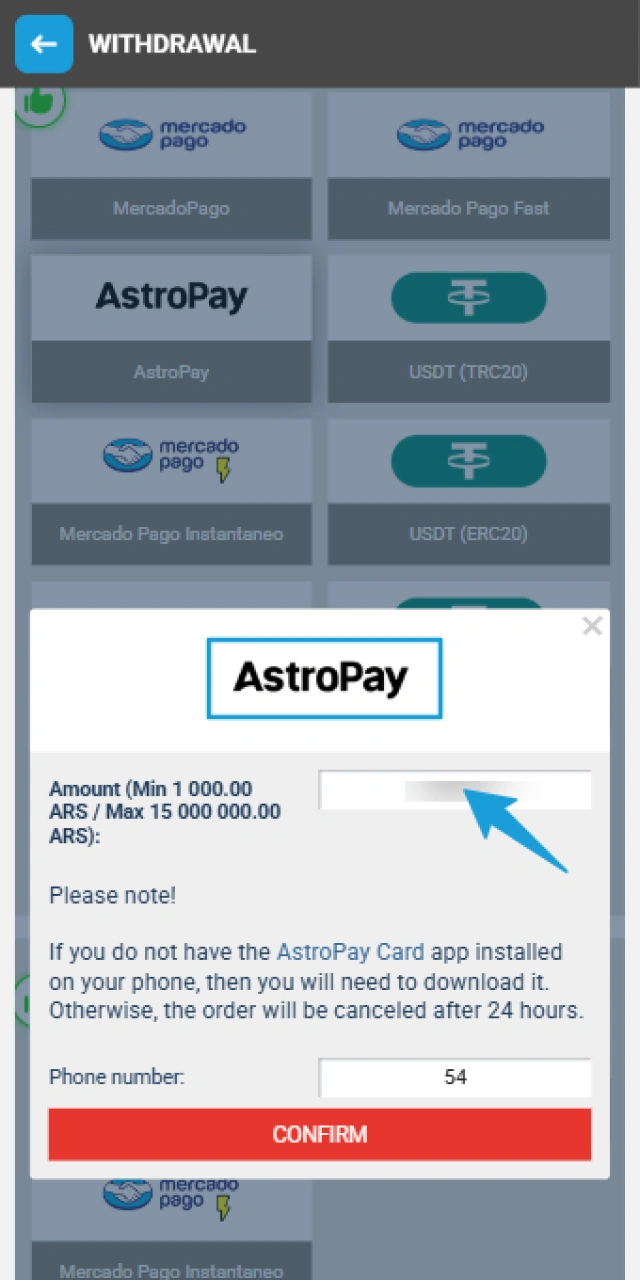 Choose your preferred local method in Argentina and enter the amount in ARS.