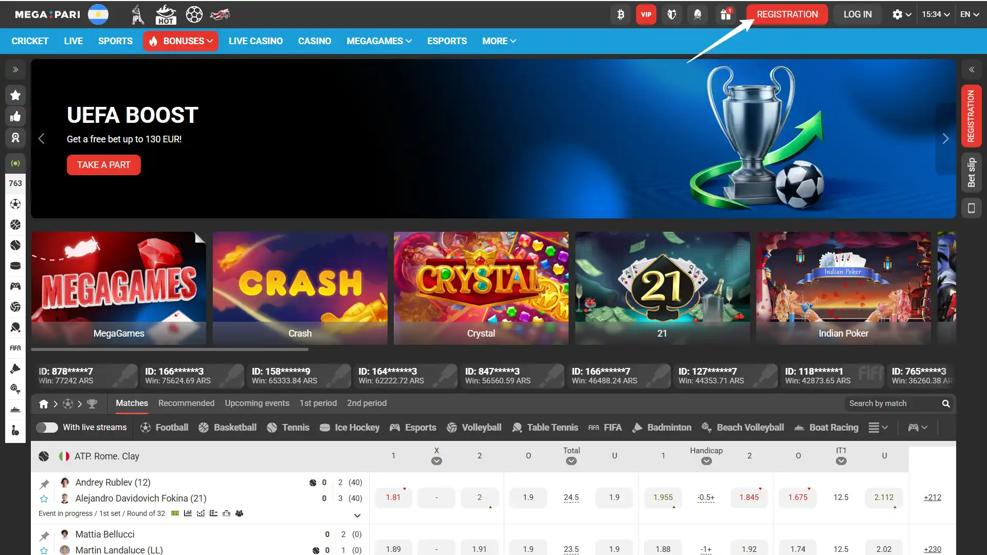 Press the button to start your registration process at MegaPari casino online.