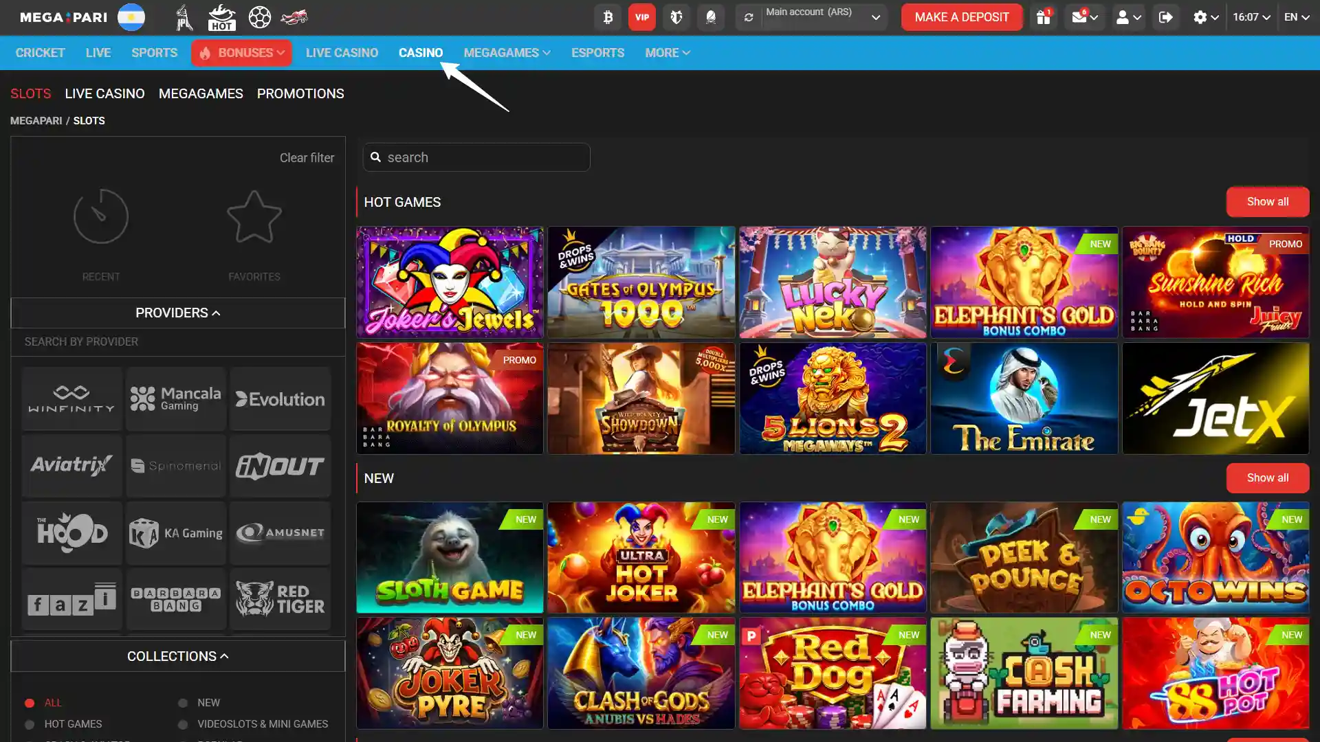 Browse the extensive lobby and place your first bet on slots or live casino at MegaPari.