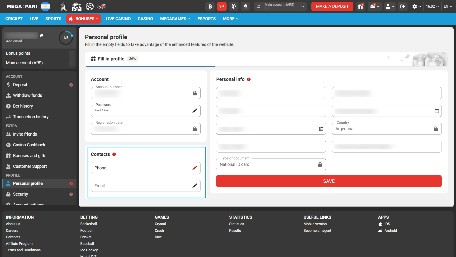 Verify your personal information and contact data to activate your MegaPari account securely.