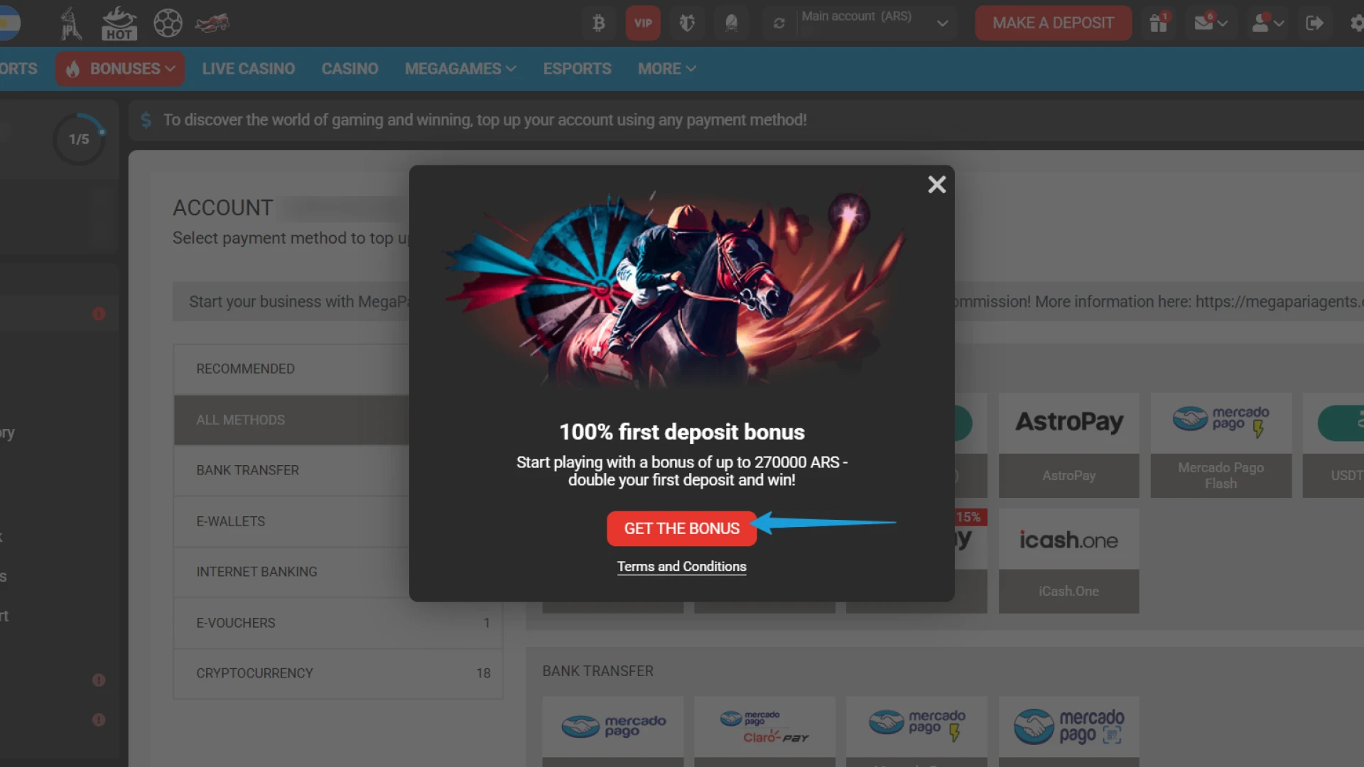 Choose your preferred welcome Bonus during the MegaPari Registration process.