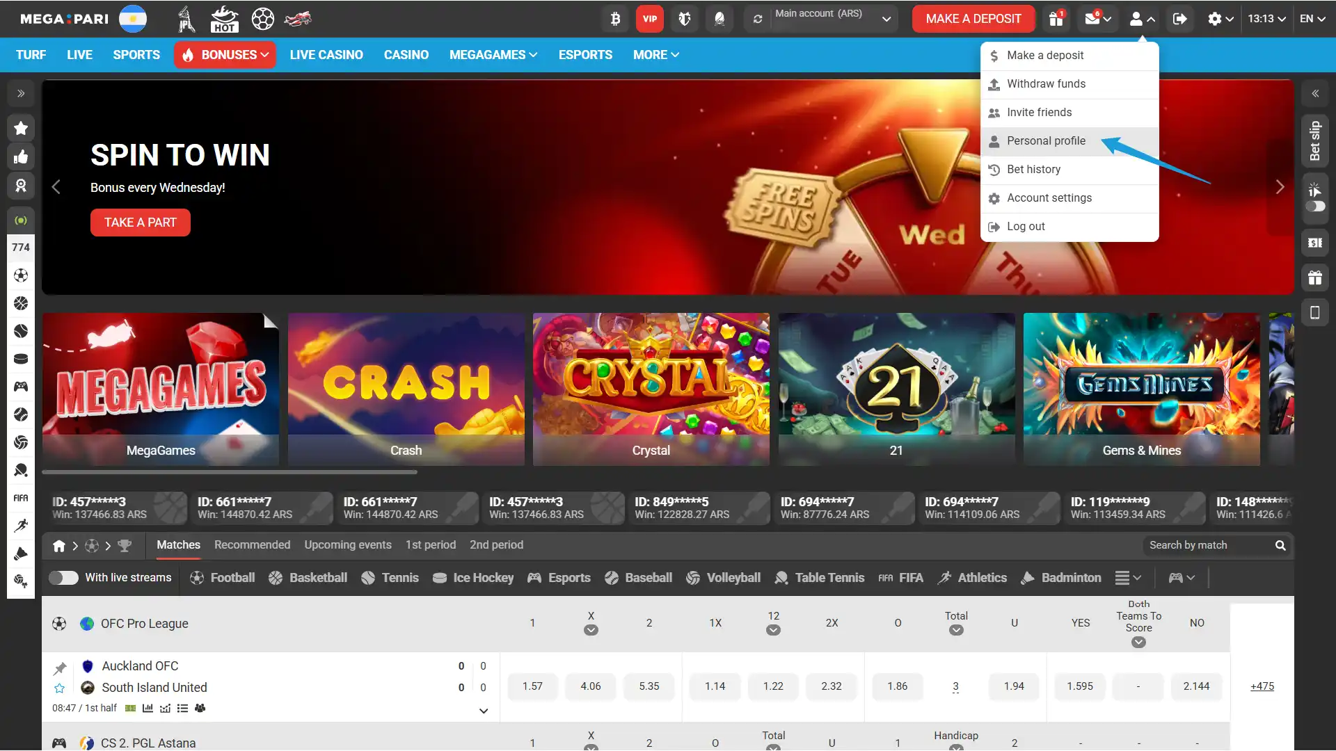 Access the profile menu to initiate your MegaPari verification process.