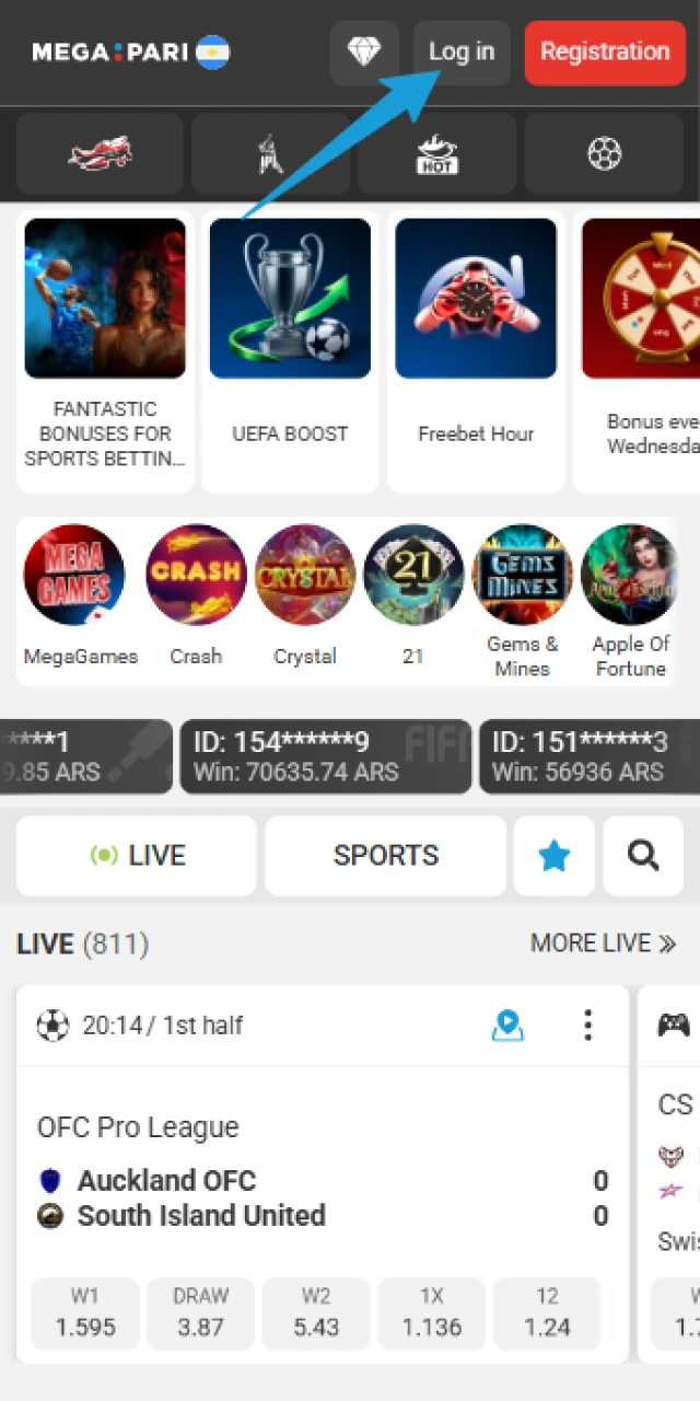 Go to the MegaPari main site to find the login button.