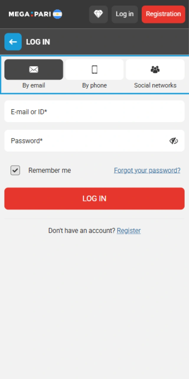 Enter your personal credentials to complete the MegaPari login step.
