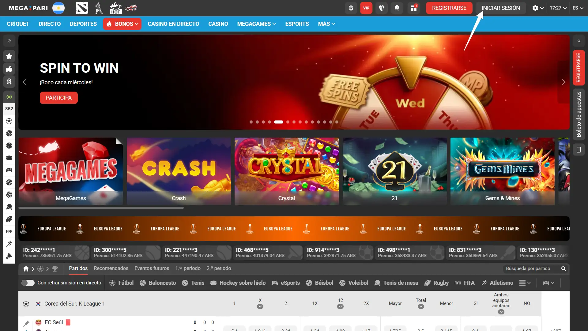 Presioná el botón para iniciar sesión en MegaPari casino online.