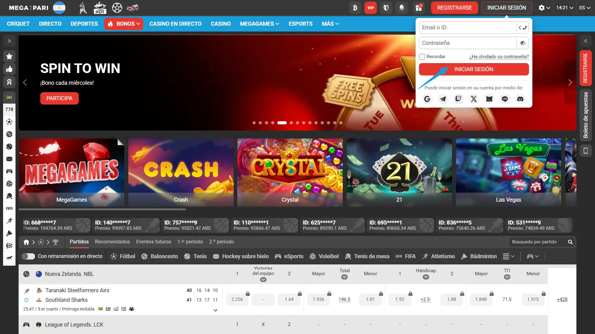Entrá al menú de juegos tras completar el acceso en MegaPari.