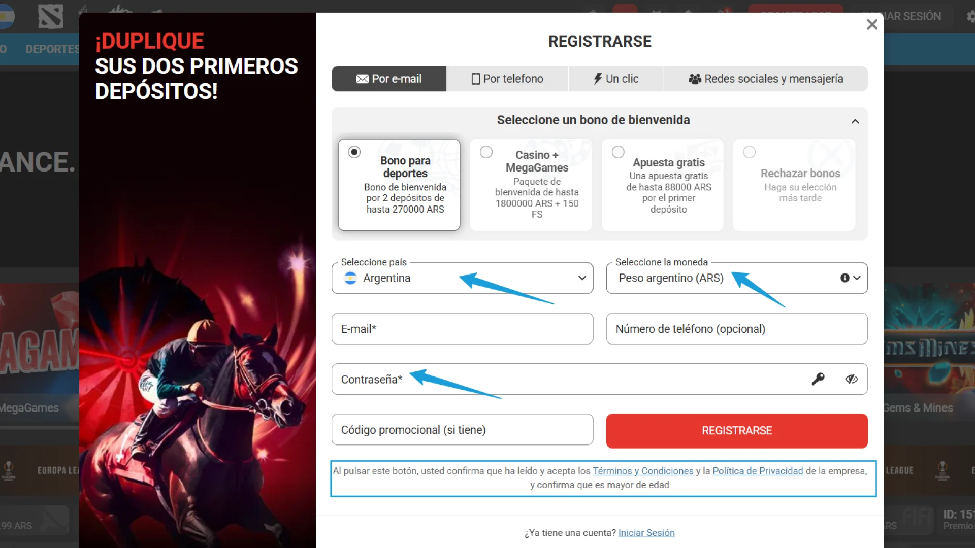 Completá el formulario de Registro en MegaPari con tu información personal.