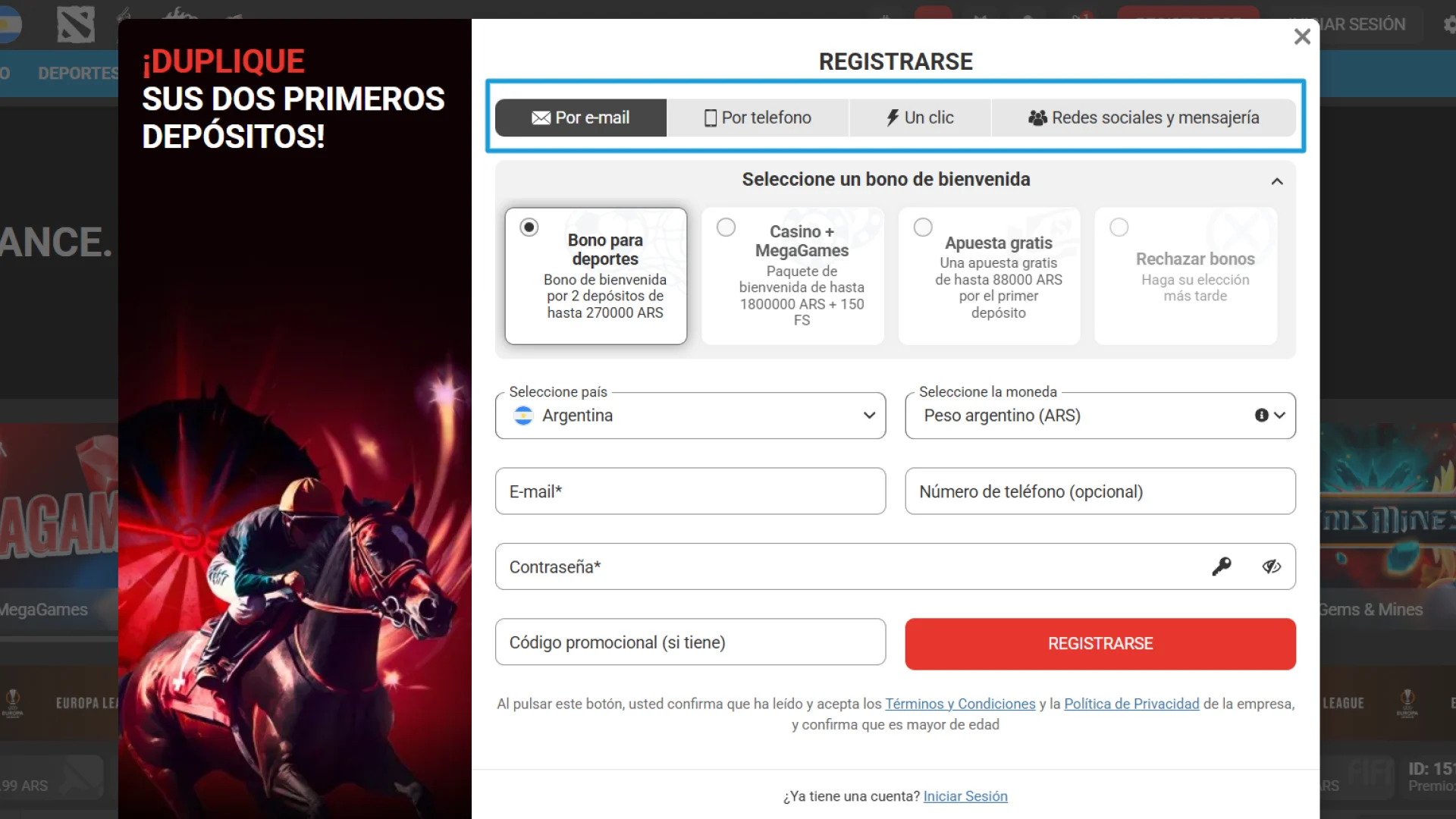 Elegí tu método de Registro favorito en el sitio MegaPari.