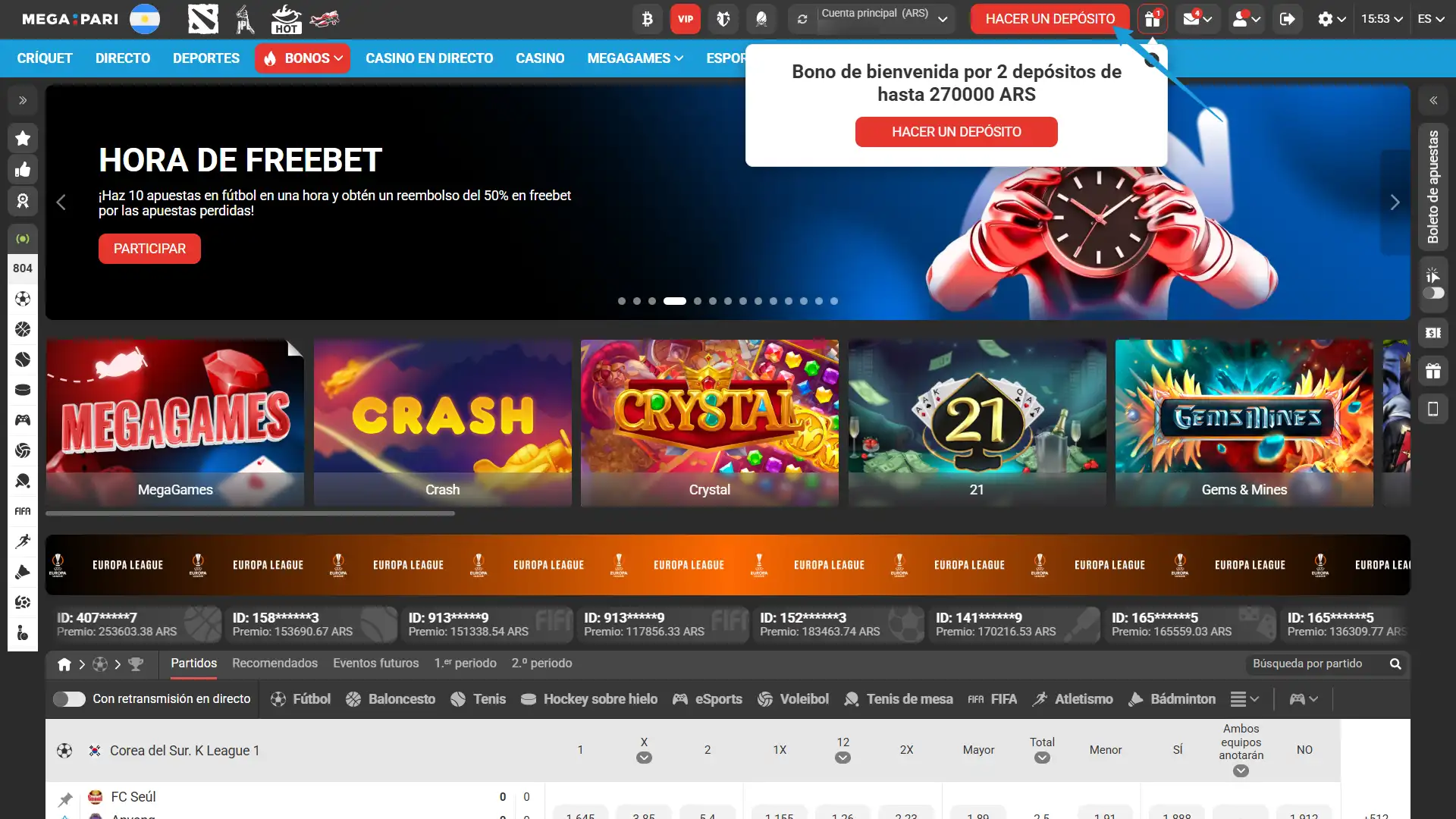 Iniciá sesión tras el Registro en MegaPari y realizá un depósito.