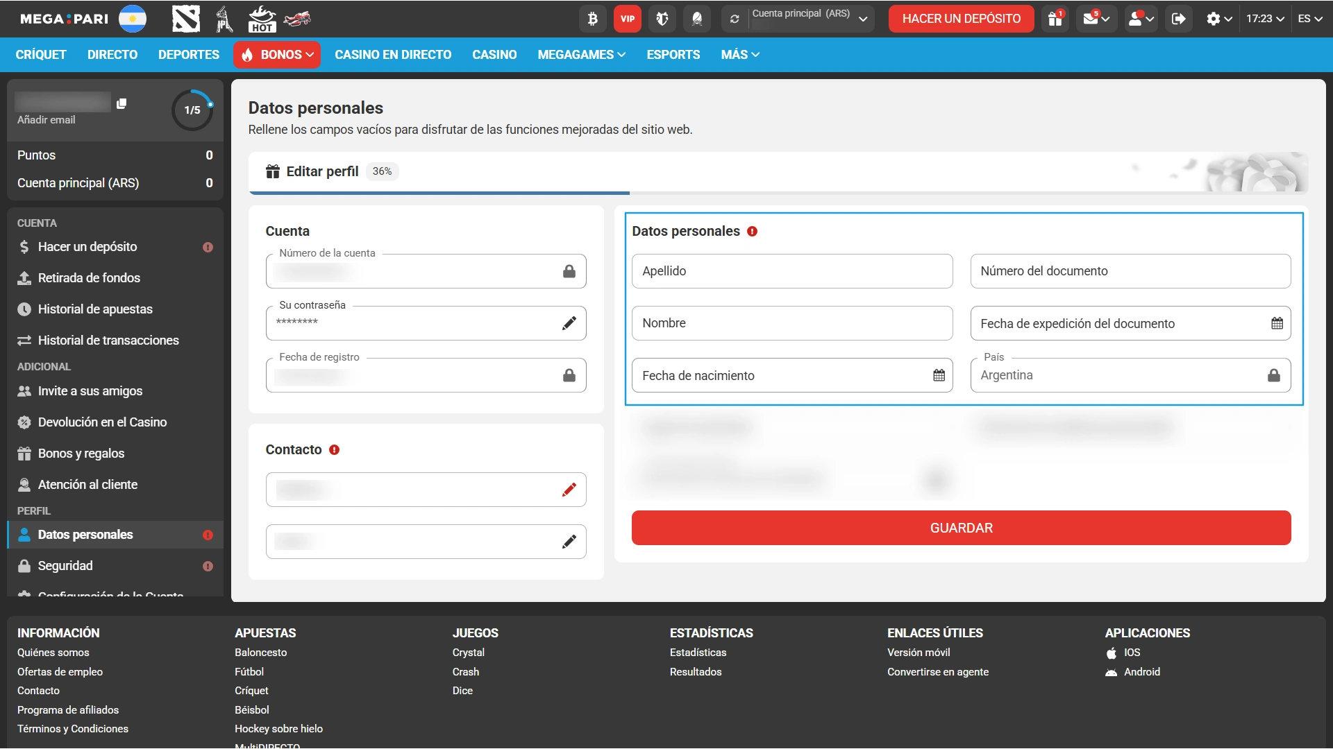 Rellená tus datos personales para la Verificación en MegaPari casino online.