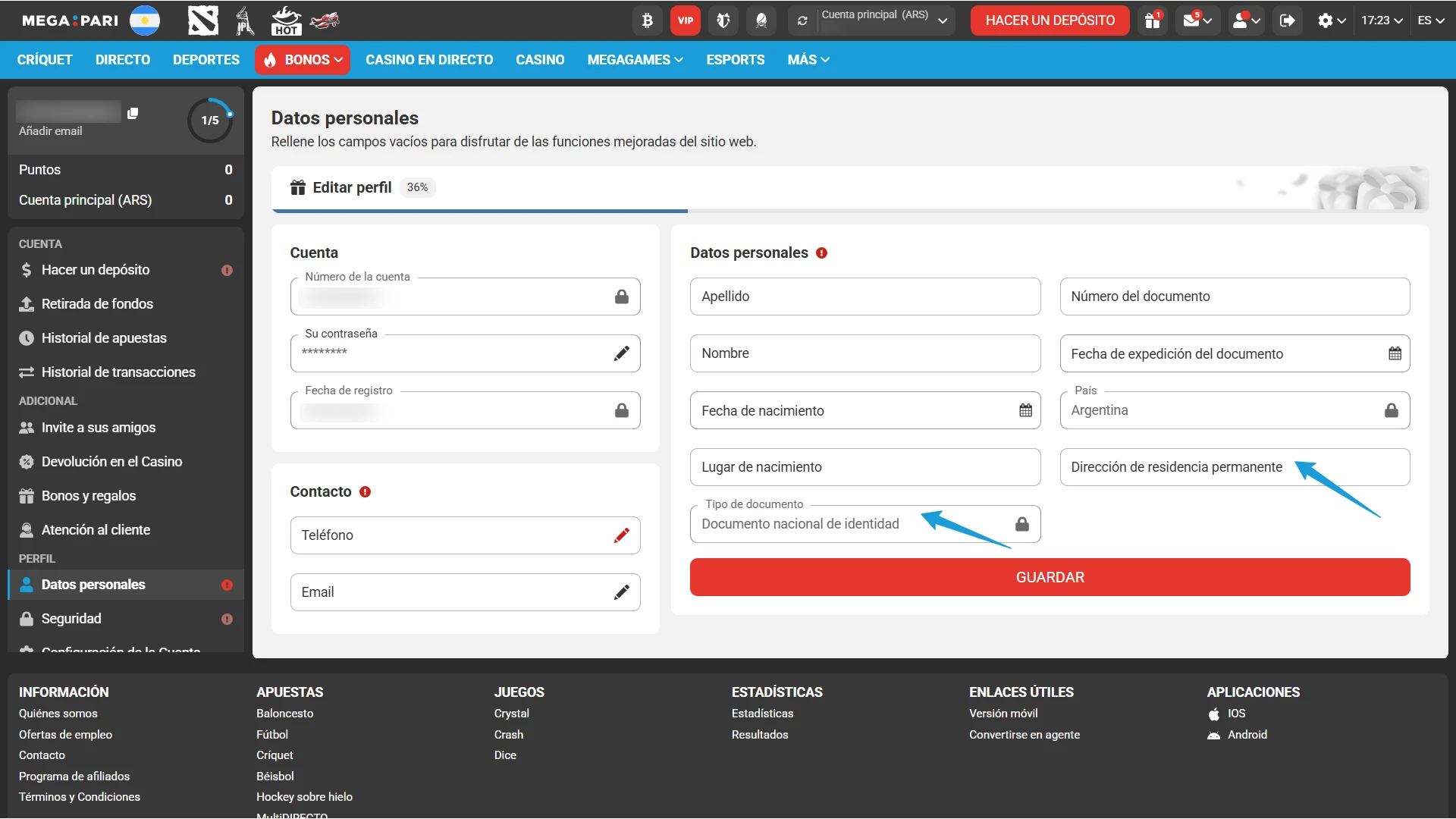 Subí imágenes nítidas para validar la Verificación en MegaPari casino online.