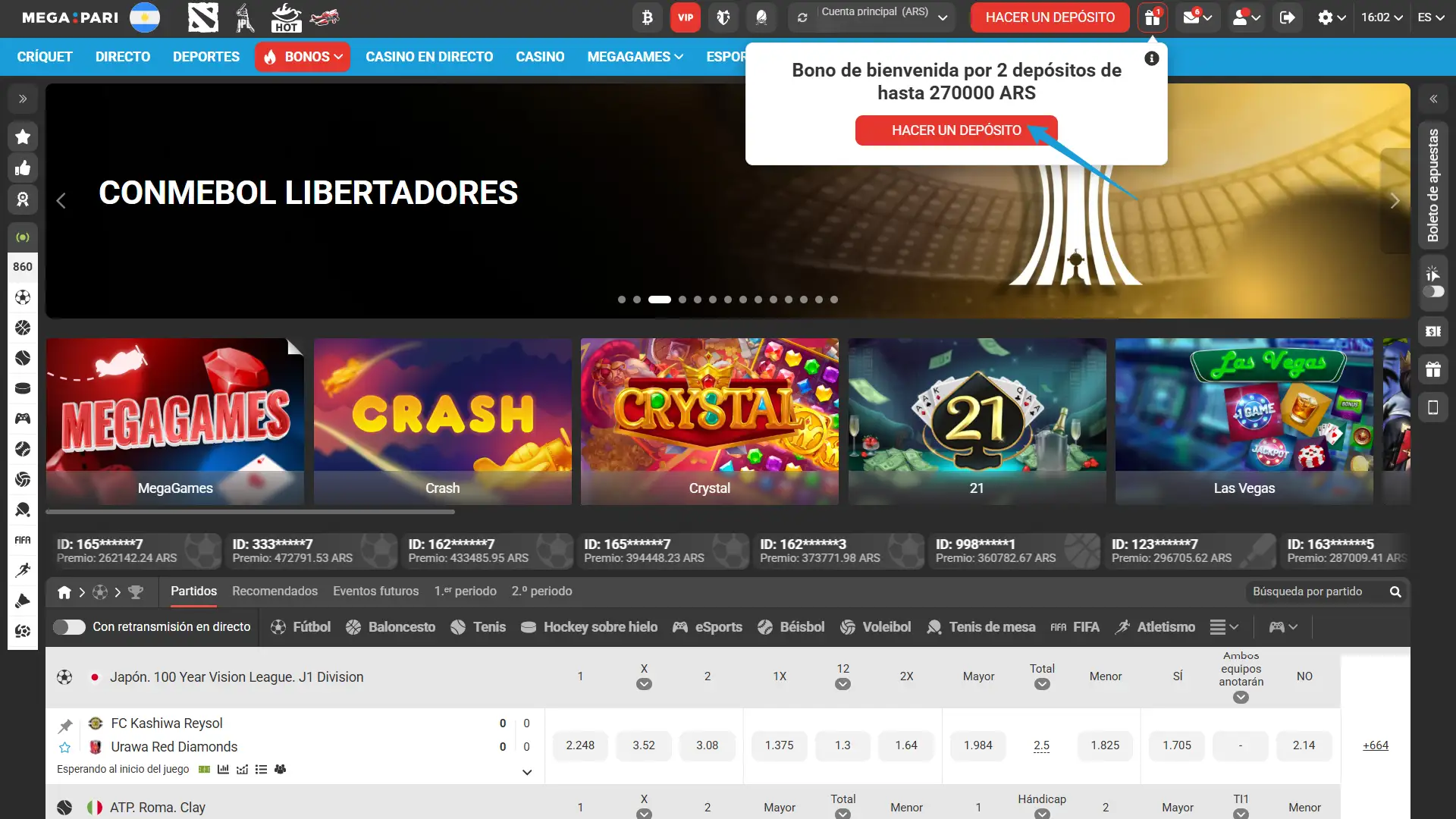 Seleccioná la opción para activar tu Bono en MegaPari Argentina.