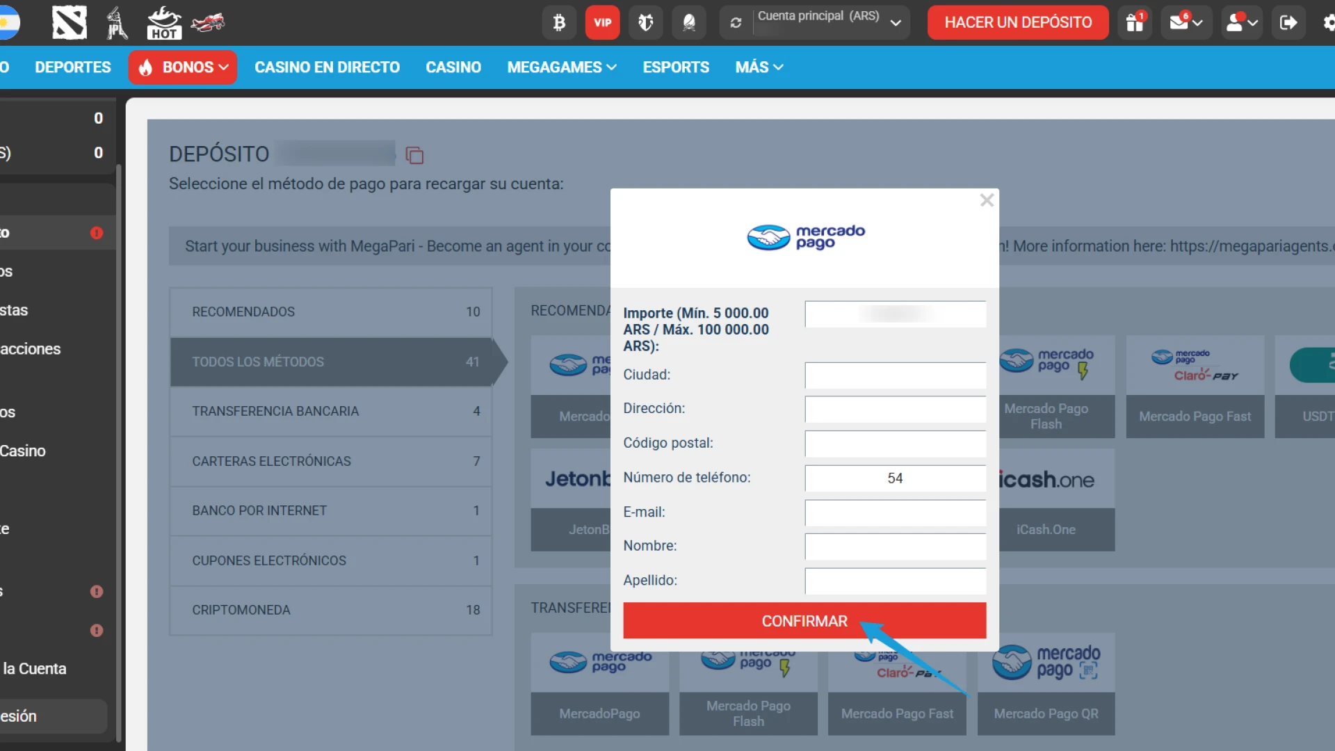 Completá los requisitos de apuesta para retirar el Bono en MegaPari.