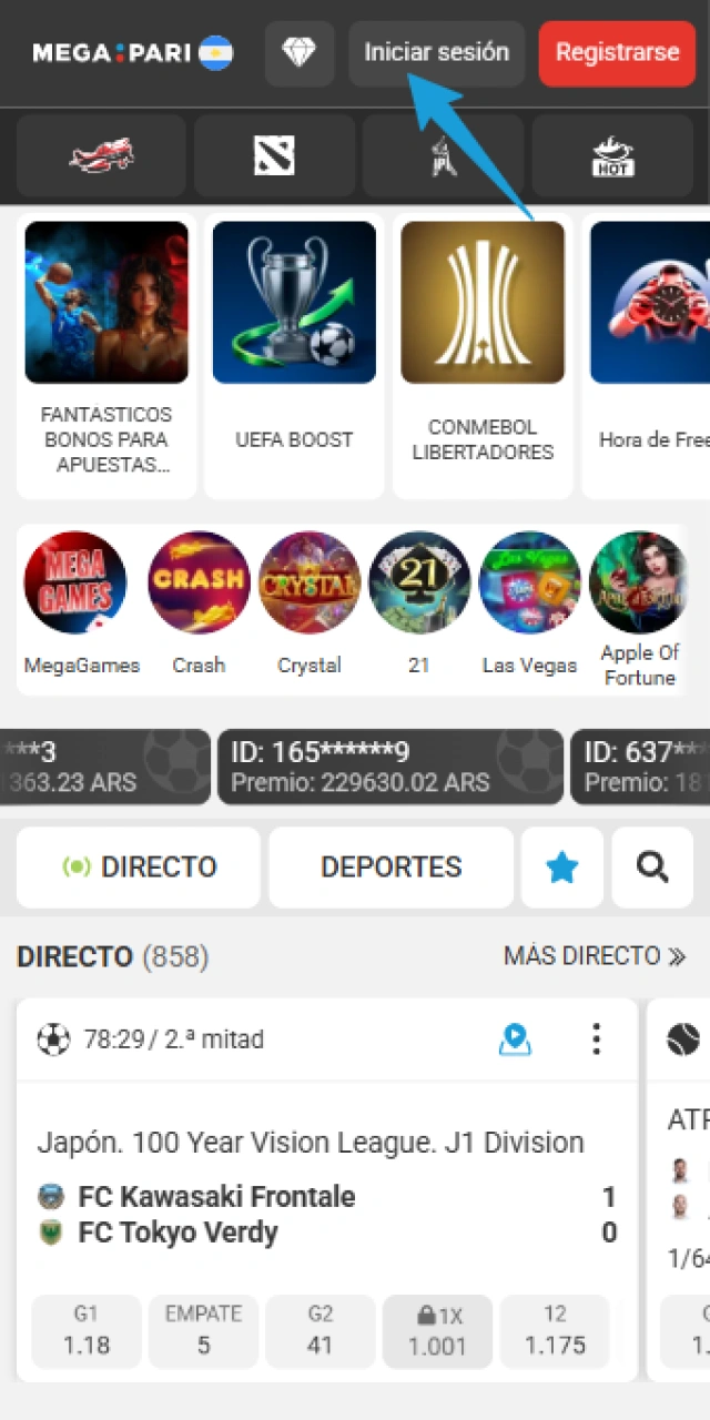 Accedé al menú de inicio de sesión en MegaPari App fácilmente.