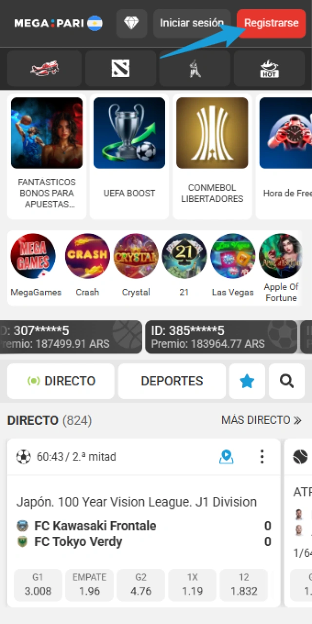 Abrí el sitio oficial para iniciar tu Registro en MegaPari.